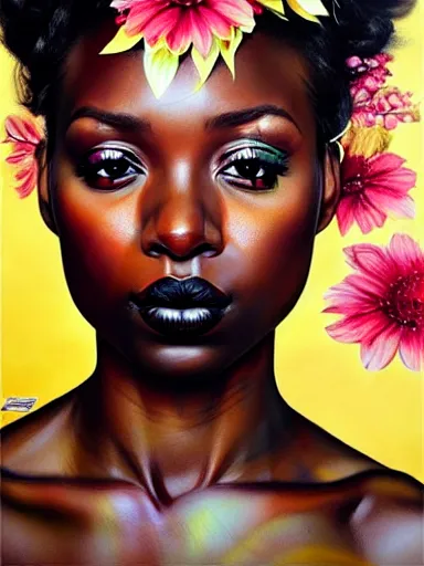 Prompt: portrait of an black woman with a floral background : : painted by artgerm, karol bak, artur bordalo, sandra chevrier : : portrait, character, illustration, hyperrealism, photorealism