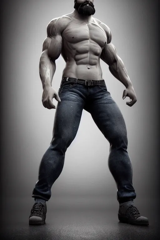 Image similar to a very muscular man with big beard wearing jeans, seductive pose, hyperrealistic, concept art, octane render, unreal engine 5, trending on artstation, high quality, highly detailed, stylish, elegant, path traced, black and white, realistic and detailed face, anatomically correct, five fingers, cinematic, high coherence, dramatic lighting, 8 k