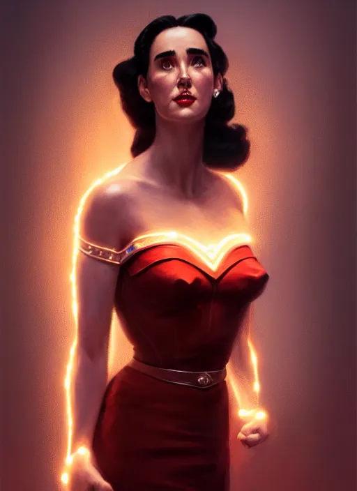 Image similar to portrait of 1 9 5 0 s darna, jennifer connelly, intricate, elegant, glowing lights, highly detailed, digital painting, artstation, glamor pose, concept art, smooth, sharp focus, illustration, art by wlop, mars ravelo and greg rutkowski