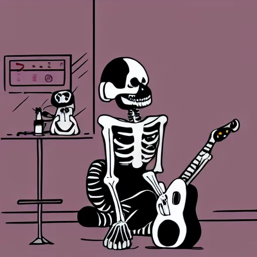 Image similar to skeleton wearing headphones watching girl playing guitar with her black cat standing next to her, digital art