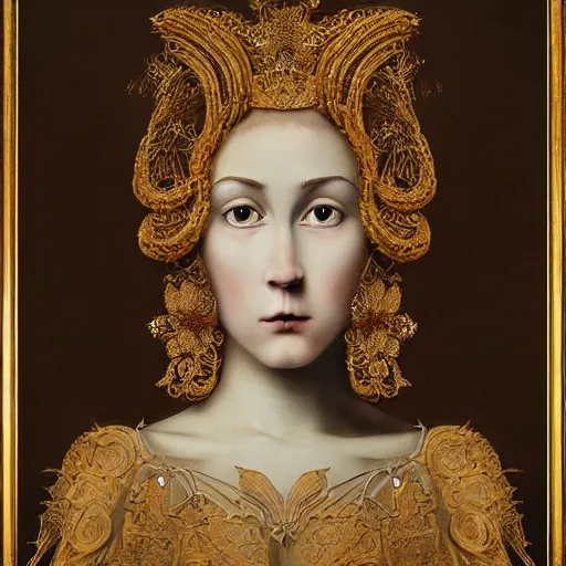 Prompt: a beautiful girl made of ivory and gold, highly intricate, digital art, very detailed, in the style of a weird and dark art noveau flemish painting