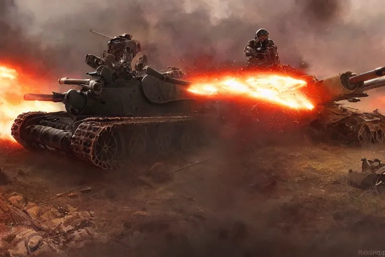 Prompt: an epic view of a cyborg woman versus a wwi tank, on a battlefield, smoke, fires, distant explosions, in the style of noriyoshi ohrai, cinematic, hyper - realistic, highly detailed digital art