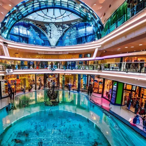 Image similar to photo of inside a shopping mall the inside is flooded with over 2 0 meters depth of clear beautiful water, highly detailed.