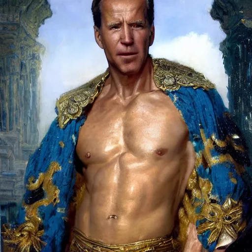 Image similar to detailed realistic cinematic wide shot of beautiful attractive muscular joe biden, roman empreror gold clothes wearing blue bath robe slim face symettrical face clean skin black eyes black robe smooth, sharp focus, ultra realistic, spring light, painting by gaston bussiere, craig mullins, j. c. leyendecker