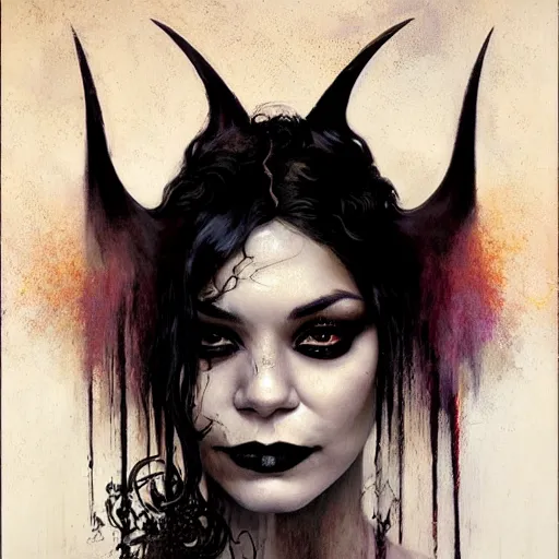 Image similar to beautiful portrait of vanessa hudgens as death from sandman, smiling, by cedric peyravernay, alphonse mucha, by jeremy mann, by lecouffe deharme, goth chic, soft lightning, eyeliner, punk rock, high detailed, 8 k