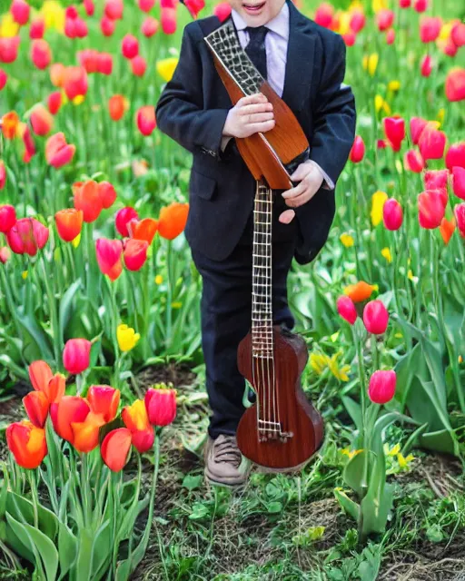 Image similar to tiny tim with long curly black hair wearing a plaid suit tiptoes thru the tulips holding his ukelele full portrait shot by mandy jurgens, wow, just had his hair did, can you beleive that haircut?, 4k,