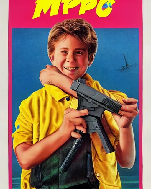 Image similar to 80s movie poster where a happy boy befriends a magic GLOCK 17, Drew Struzan