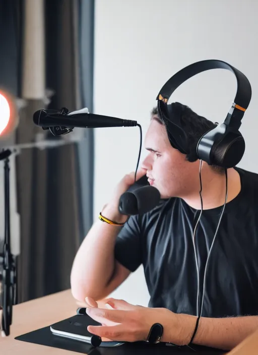 Image similar to photograph of saint aquinas recording a podcast wearing headphones 8k UHD detailed 85mm CANON EOS