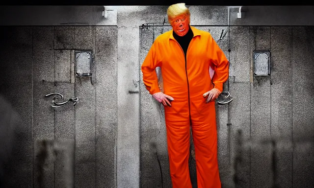 Image similar to full shot of donald trump wearing an orange jump suit, crying in a dirty jail cell in guantanamo, photograph, realistic, dramatic lighting