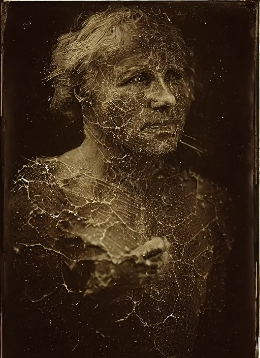 Prompt: old wetplate daguerreotype portrait with crackled skin, explosion of data fragments, fractal, intricate, elegant, highly detailed, parallax, leica, medium format, subsurface scattering, by jheronimus bosch and greg rutkowski and louis jacques mande daguerre