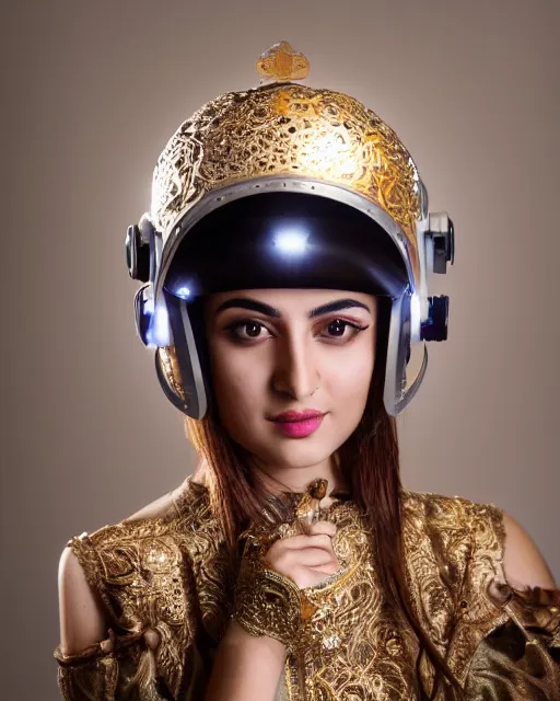 Image similar to centered medium shot fine studio photograph of a beautiful persian girl wearing a persian solarpunk electronic helmet with led lights decorated with golden ornaments, chest with mechanical parts, ultra-realistic, white background, 8k HDR dusk light, intricate detail