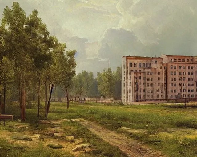 Image similar to beautiful matte painting of cute soviet block of flats hrushevka in end of forest by ivan shishkin,