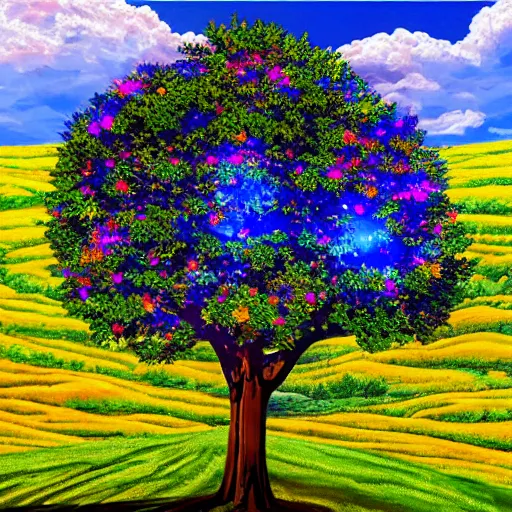 Prompt: High Res digital bitcoin tree in painted Meadow