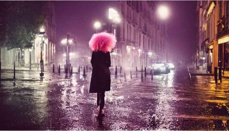 Image similar to street of paris photography, night, rain, mist, a prima ballerina with pink hair, cinestill 8 0 0 t, in the style of william eggleston