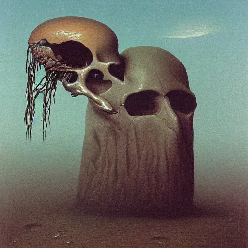 Image similar to emu skull as a zdzisław beksinski painting, surreal