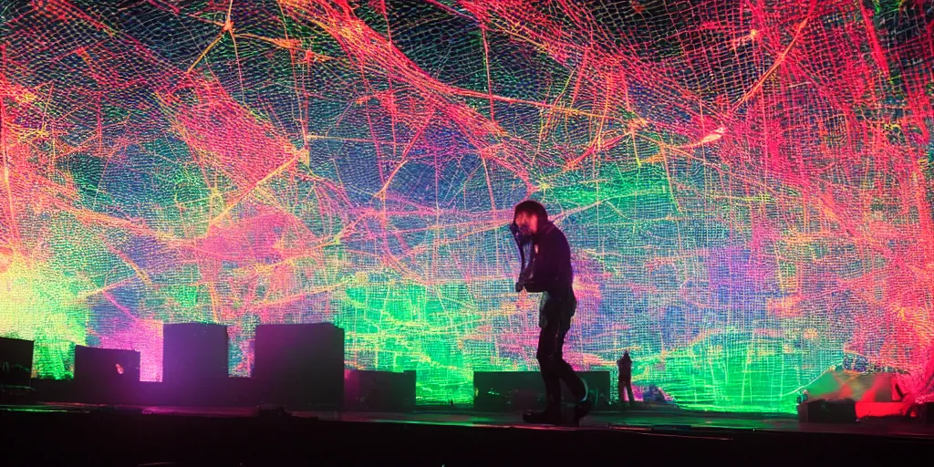 Image similar to Thom Yorke singer songwriter, Radiohead group of people on stage playing instruments, elaborate stage effects, dust, smoke, giant LED screens, colored projections, ultrafine detail, glowing thin wires, smoke, high contrast, projections, a screenshot by David Gilmour Blythe, holography, tesseract, volumetric lighting, anamorphic lens flare