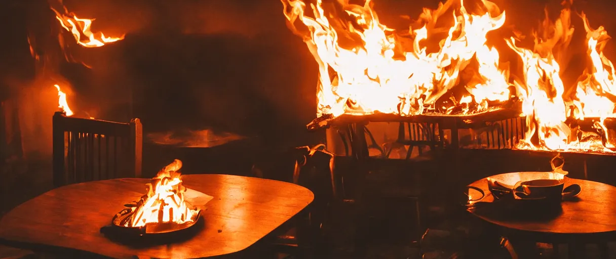 Image similar to a photograph of a big fire on a dining room on fire, only remains a wooden table and a chair (no fire at all there), an human-like relaxed dog sitting at this table, ☕ on the table, surrounded by flames, a lot of flames behind the dog, black smoke instead of the ceiling, no watermark