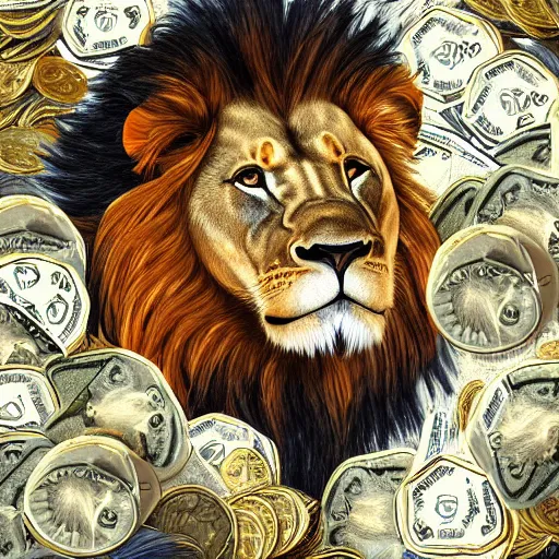 Prompt: Lion having a party, money shower, coins, digital art, dollar bills, concept art, digital painting, highly detailed, illustration