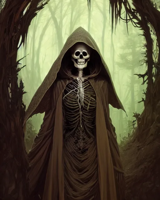 Prompt: Portrait of a skeleton mage wearing hood, dark fantasy, deep forest on background, mid-shot, intricate, elegant, highly detailed, digital painting, artstation, concept art, smooth, sharp focus, illustration, art by Sam Youn and Fernanda Suarez and Artem Demura and alphonse mucha