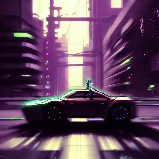 Image similar to cyberpunk dodging a moving car, highly detailed, in the style of greg rutkowski