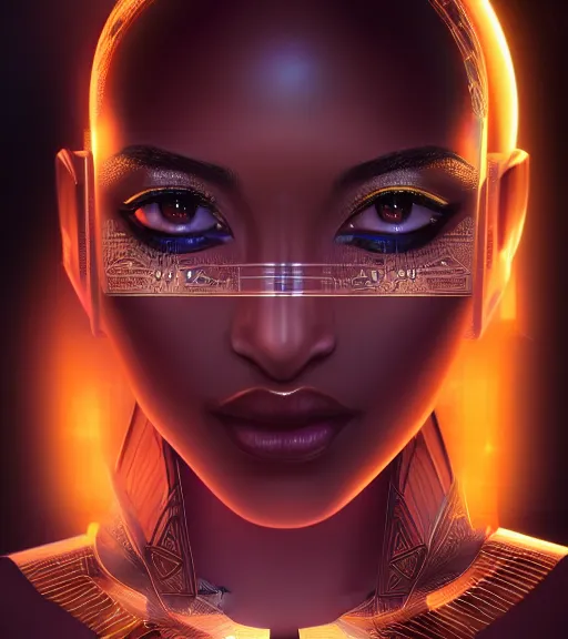 Image similar to symmetry!! egyptian princess of technology, solid cube of light, hard edges, product render retro - futuristic poster scifi, lasers and neon circuits, beautiful brown skin woman egyptian princess, intricate, elegant, highly detailed, digital painting, artstation, concept art, smooth, sharp focus, illustration, dreamlike, art by artgerm