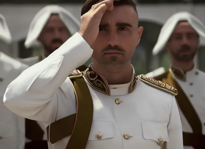 Prompt: proud man wearing a white tunic uniform, tab collars, no medals, no epaulette, his arms are behind his back, ultra realistic, 4 k, movie still, uhd, sharp, detailed, cinematic, render, modern