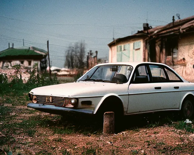 Image similar to a lomographic photo of old lada 2 1 0 7 concept car standing in typical soviet yard in small town, hrushevka on background, cinestill, bokeh