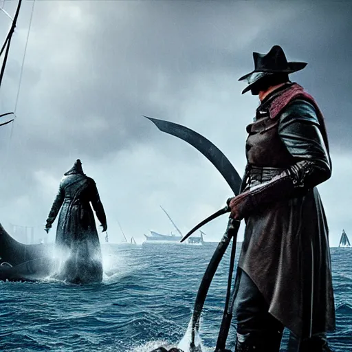 Image similar to Glossy promotional image for the new film 'Jaws vs. Bloodborne'