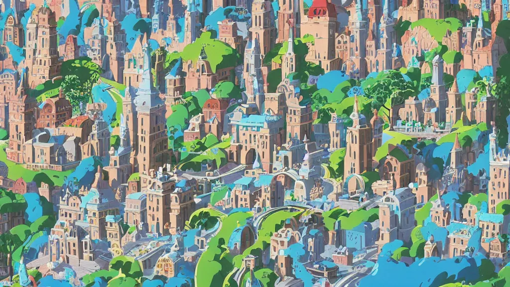 Image similar to city with buildings made entirely of decorated cakes, icing, gouache, ghibli animated film, stylised, illustration, by eyvind earle, scott wills, genndy tartakovski