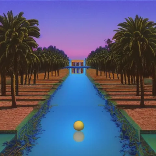 Image similar to David Ligare masterpiece, neon sign, hyperrealistic surrealism, award winning masterpiece with incredible details, beautiful lighting, pool caustics, illuminated orbs, epic stunning, infinity pool, a surreal vaporwave liminal space, highly detailed, trending on ArtStation, broken giant marble head statue ruins, calming, meditative, geometric liminal space, palm trees, very vaporwave, very very surreal, sharp details