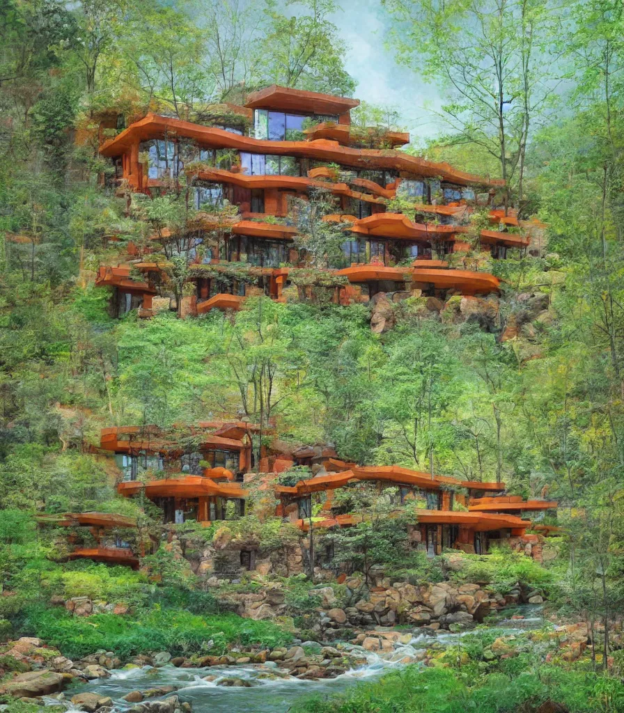 Image similar to of a green spring mountain athmosphere with beautiful forest permeated by a magical river showing a multistory house in the architect style of frank loyd wright made out of natural stone bricks from the distance with mythical european mountains in the background, artstudio, colorful in the art style of Kerry Milligan