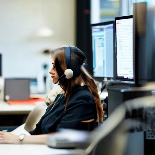 Prompt: woman wearing headset in sit infront computer talking with customers. work from office. photo, digital camera photo.