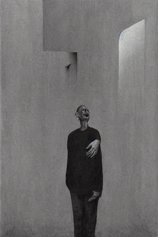 Image similar to horror painting of drunk man in black adidas tracksuit at soviet suburbs, painting by Zdzisław Beksiński