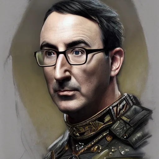 Image similar to portrait of stoic looking john oliver as the vigo carpathian painting, military uniform, fantasy, intricate, elegant, beautiful, highly detailed, charcoal, centered, dark, smokey, digital painting, artstation, concept art, smooth, sharp focus, illustration, art by artgerm and greg rutkowski and alphonse mucha