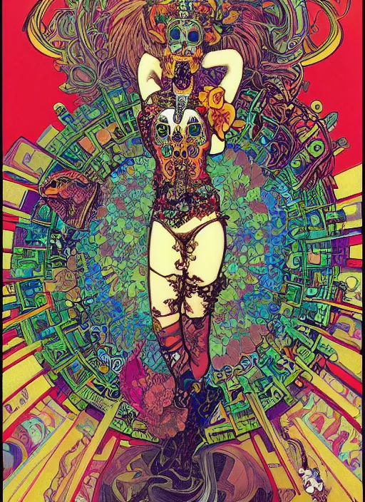 Image similar to realistic detailed psychedelic poster art of a cute punk goth fractal Día de los Muertos girl posing by Victor Moscoso Rick Griffin Alphonse Mucha Jamie Hewlett Moebius, masterpiece