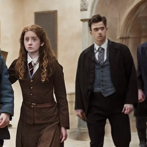 Prompt: Hermionie Granger as minister of magic being escorted from office by a mysterious wizard