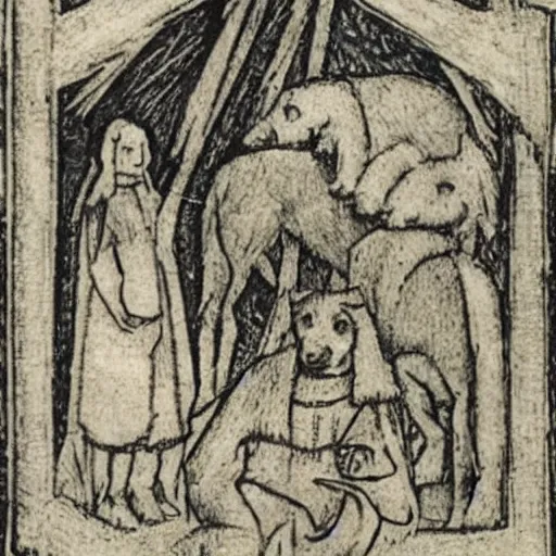 Image similar to medieval etching art of dogs