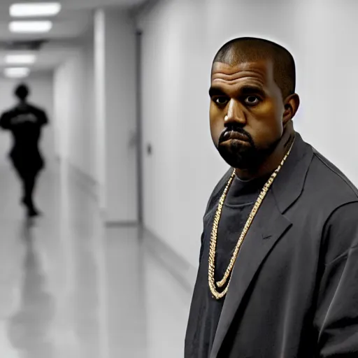 Image similar to kanye west in a long dimly lit office hallway, 4 k