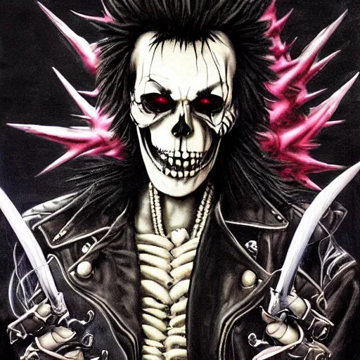 Prompt: a portrait of the grim reaper as a punk rocker playing an electric guitar, punk, skeleton face, mohawk, dark, fantasy, leather jackets, spiked collars, spiked wristbands, piercings, boots, electric guitars, motorcycles, ultrafine detailed painting by frank frazetta and vito acconci and michael whelan and takeshi obata, death note style, detailed painting