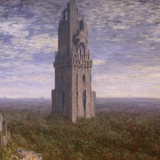 Image similar to an ultra detailed matte painting of a lonely and impossibly tall ominous dark tower elevated high above the city, on an isolated plateau island in a river elevated high above the city fortress tower, fantasy capital city, ultrawide lense, aerial photography, volumetric lighting, exquisite detail, 8 k, art by claude monet and van gogh and greg rutkowski and alphonse mucha