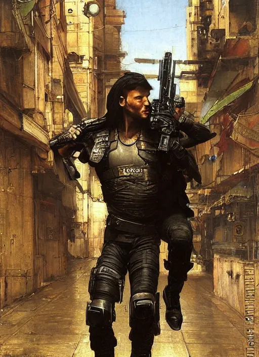 Image similar to Cyberpunk theif escaping Menacing Cyberpunk police trooper wearing a combat vest. Rainy streets (dystopian, police state, Cyberpunk 2077, bladerunner 2049). Iranian orientalist portrait by john william waterhouse and Edwin Longsden Long and Theodore Ralli and Nasreddine Dinet, oil on canvas. Cinematic, vivid colors, hyper realism, realistic proportions, dramatic lighting, high detail 4k