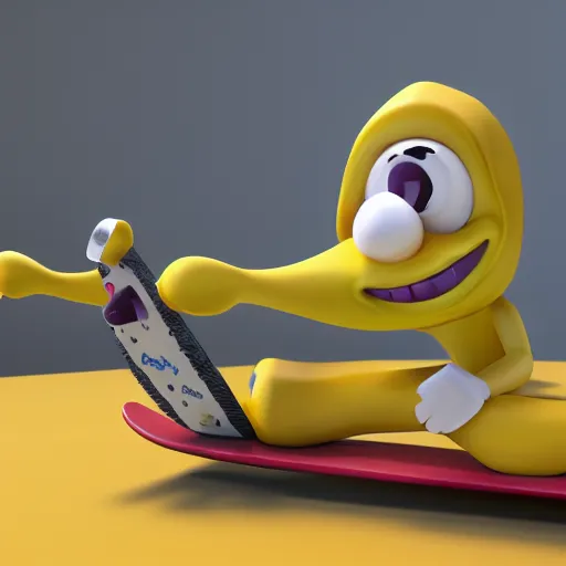 Prompt: a banana character on a skateboard, 3 d render, 4 k, coherent, studio lighting, unreal engine 4, vibrant colors,