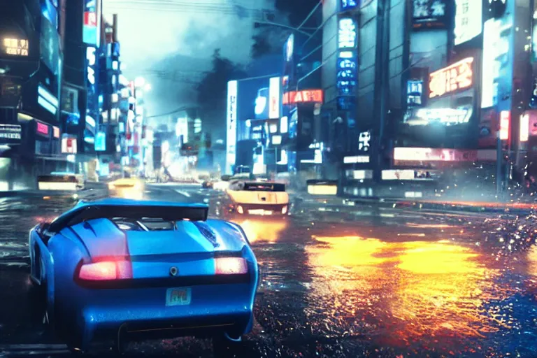 Prompt: tokyo drift fast and furious film still, racing on wet city street, gta 5, hyper detailed, forza, smooth, need for speed, high contrast, volumetric lighting, octane, george miller, jim lee, comic book, ridley scott
