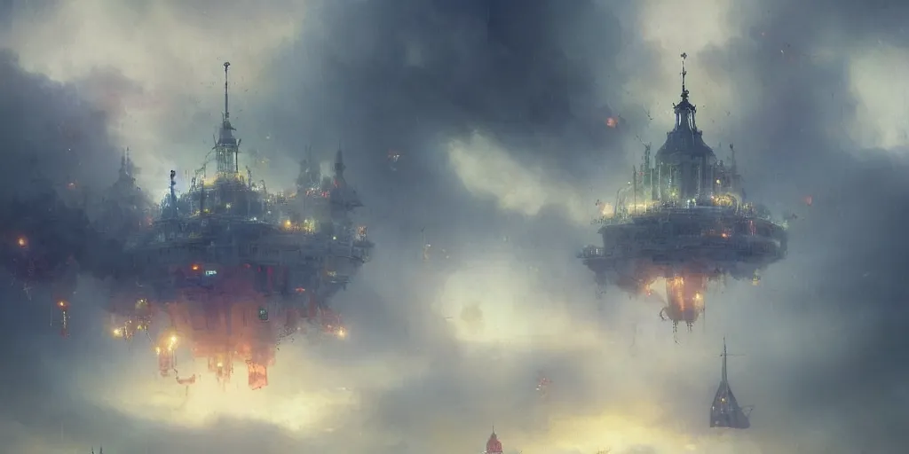 Image similar to Shenzhen in the style Enchanted, mystical, magical, steampunk airship overhead with propellers, Victoria Terminus, apocaplytic clouds, magical lightening, highly detailed, magical atmosphere, Hi-Tech, Dramatic lighting, epic compositing, high quality, ivan aivazovsky, greg rutkowski, trending on artstation, astrology, denoise