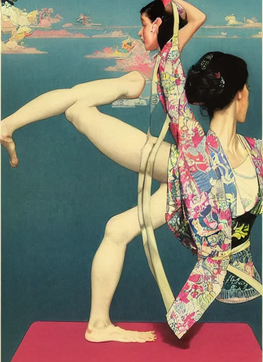 Image similar to an art nouveau realistic illustration poster of a girl doing yoga with a kimono designed by balenciaga by john berkey and norman rockwell