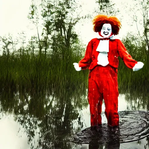 Prompt: professional close up high quality photograph of creepy ronald mcdonald frolicking in a swamp