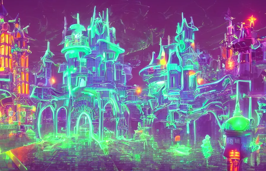 Image similar to a futuristic neon castle, crowded, plastic, nature, robots, digital art.