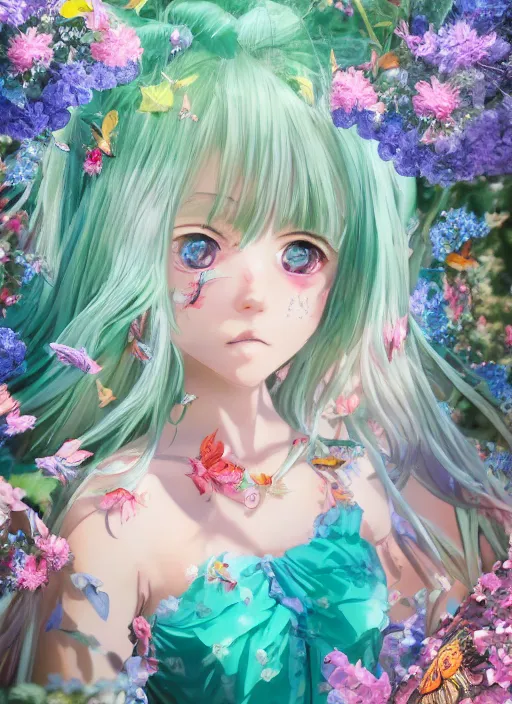 Prompt: portrait of beautiful girl with long turquoise hair, big cute eyes, and a blue dress, in a garden full of flowers and Butterflies, intricate jewelry, genshin impact, realistic anime, backlit, volumetric lighting, strong rim light, sharp focus, excellent composition, octane render, trending on artstation, 8k