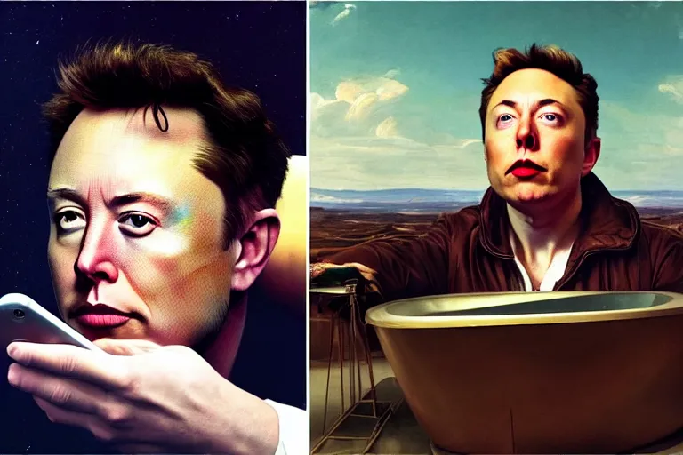 Prompt: hyperrealism aesthetic ridley scott and caravaggio and denis villeneuve style photography of a detailed giant elon musk, siting on a detailed ultra huge toilet and scrolling his smartphone in hyperrealism scene from detailed art house movie in style of alejandro jodorowsky and wes anderson