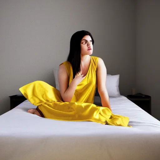 Prompt: A girl with dark hair in a yellow nightgown sits on a bed in a room with light gray walls, sunset light, by edward hopper. cinematic, hyper realism, high detail, octane render, 8k, iridescent accents